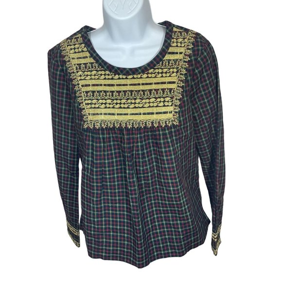 J. Crew Plaid Peasant Blouse Gold Braid Yoke Holiday Embroidered Top XS - Picture 2 of 11